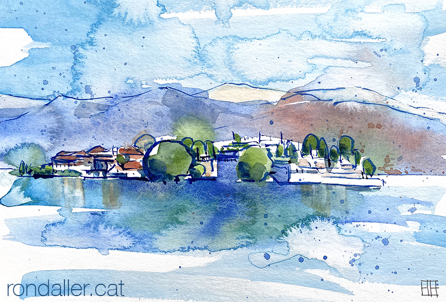 Aquarel·la amb una panoràmica del llac Maggiore i l'Isola Bella.