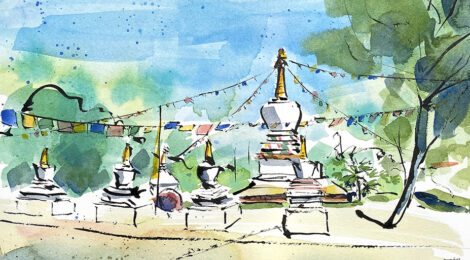Aquarel·la del monestir budista de Panillo.