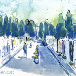 Aquarel·la amb una vista de la part antiga del recinte funerari.