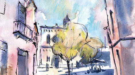 Aquarel·la amb una vista de la plaça de Santa Maria de Mataró.