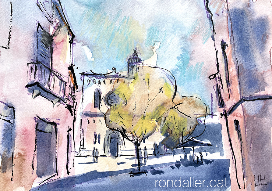 Aquarel·la amb una vista de la plaça de Santa Maria de Mataró.