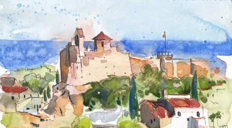 Aquarel·la amb una panoràmica del castell de la Santa Creu de Calafell al Baix Penedès.