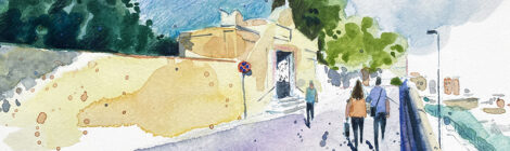 Aquarel·la amb una vista de l'entrada del cementiri dels Caputxins de Mataró.
