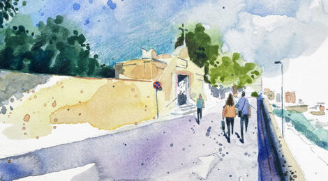 Aquarel·la amb una vista de l'entrada del cementiri dels Caputxins de Mataró.