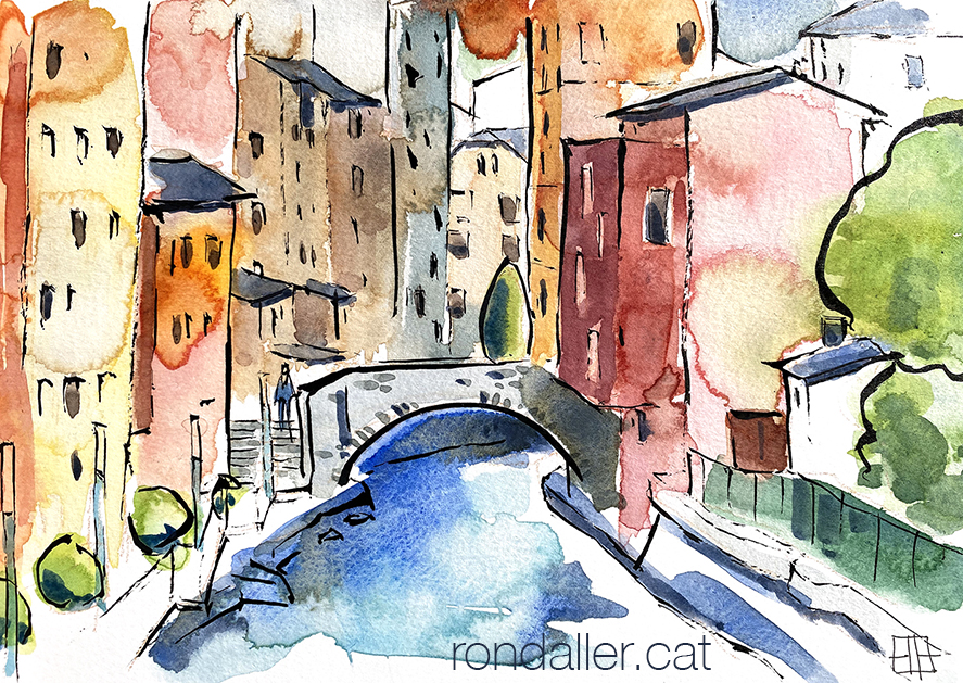 Aquarel·la amb una vista del riu Valira al seu pas pel pont d'Engordany a Andorra.