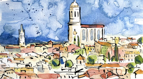 Aquarel·la amb una panoràmica de la ciutat de Girona, amb la catedral al fons.