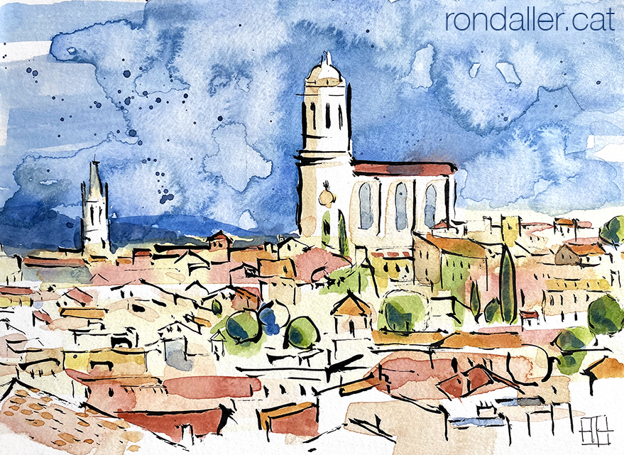 Aquarel·la amb una panoràmica de la ciutat de Girona, amb la catedral al fons.