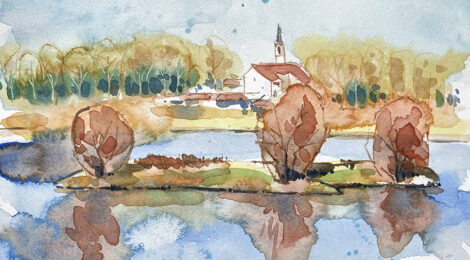 Aquarel·la amb una panoràmica dels estanys de Sils.