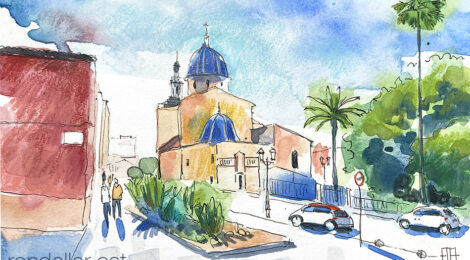 Aquarel·la de Sueca amb l'església de la Mare de Déu de Sales.