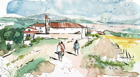Aquarel·la amb una panoràmica de Torre-ramona, dins el terme de Subirats.