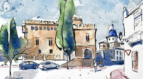 Aquarel·la de l'edifici del Colegio Mayor San Juan de Ribera de Burjassot.
