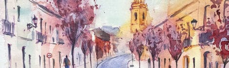 Aquarel·la amb una panoràmica del carrer Major.