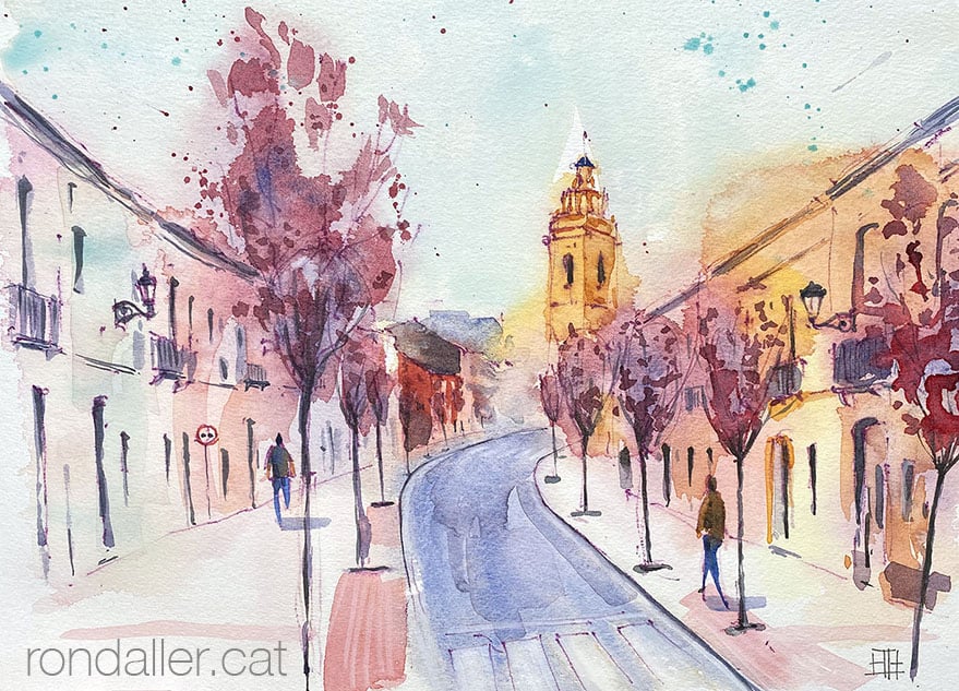 Aquarel·la amb una panoràmica del carrer Major.