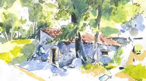 Aquarel·la del molí de Can Marquè a Pineda de Mar.