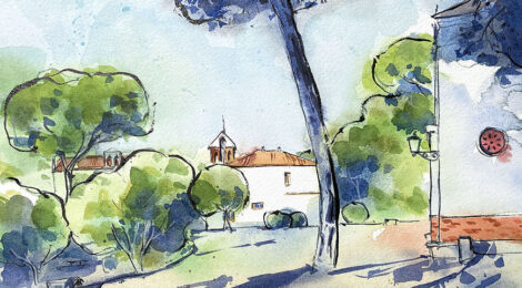 Aquarel·la amb una vista del parc del Santuari de la Misericòrdia.