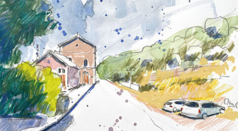Aquarel·la amb una vista de l'estació de trens de Planoles.