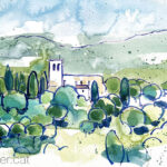 Aquarel·la amb una panoràmica de l'Església Vella de Sant Andreu de Llavaneres.