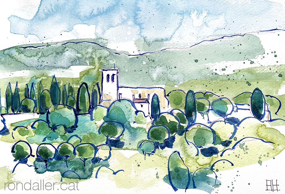 Aquarel·la amb una panoràmica de l'Església Vella de Sant Andreu de Llavaneres.