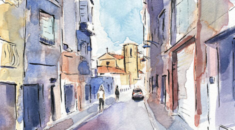 Aquarel·la del carrer Campanar amb l'església al fons.