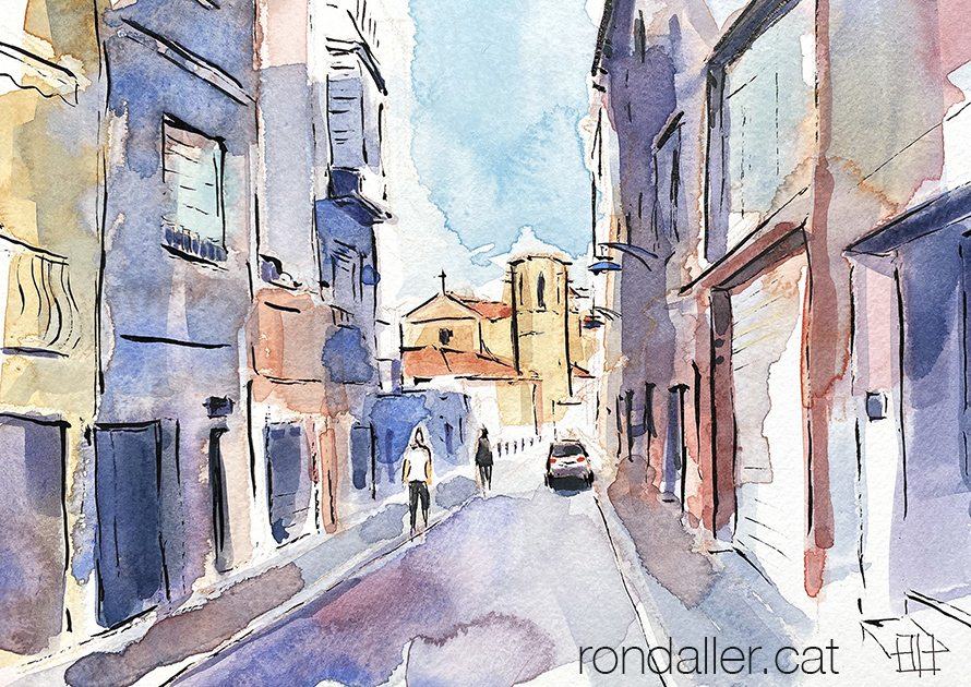 Aquarel·la del carrer Campanar amb l'església al fons.