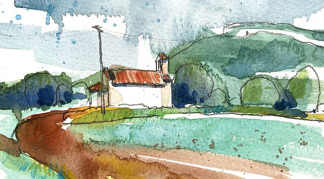 Aquarel·la amb una vista de l'ermita del Sant Joan del Pla.