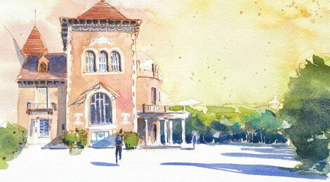 Aquarel·la amb una vista de l'habitatge i dels jardins.