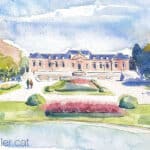 Aquarel·la amb una vista dels jardins Joan Maragall i el palauet Albéniz.