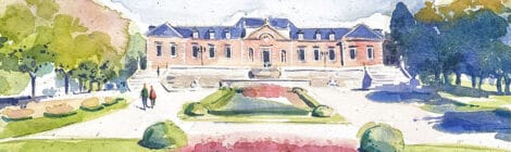 Aquarel·la amb una vista dels jardins Joan Maragall i el palauet Albéniz.