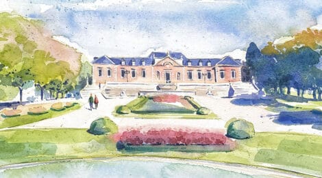 Aquarel·la amb una vista dels jardins Joan Maragall i el palauet Albéniz.