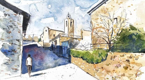 Aquarel·la de l'església romànica del nucli de Talltorta a la Baixa Cerdanya.