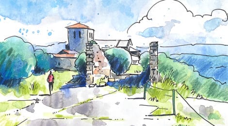 Aquarel·la amb una vista del monestir de Sant Pere de Casserres.
