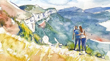Aquarel·la amb una panoràmica dels cingles del Collsacabra.