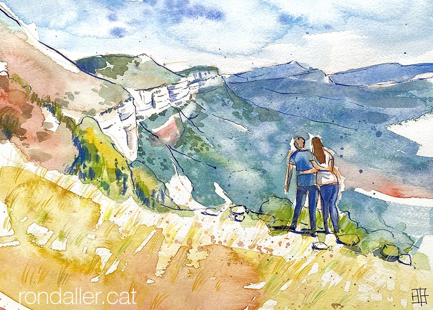 Aquarel·la amb una panoràmica dels cingles del Collsacabra.