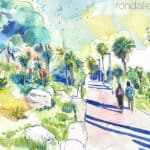 Aquarel·la amb una panoràmica dels jardins de Mossèn Costa i Llobera.