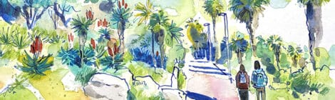 Aquarel·la amb una panoràmica dels jardins de Mossèn Costa i Llobera.