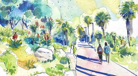 Aquarel·la amb una panoràmica dels jardins de Mossèn Costa i Llobera.