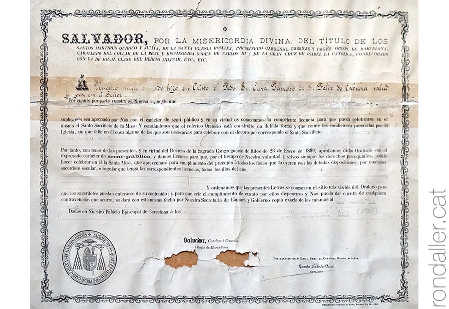 Document signat pel cardenal Casañas autoritzant a celebrar missa.