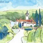 Aquarel·la amb una vista de l'església de Sant Llorenç de Gaserans.