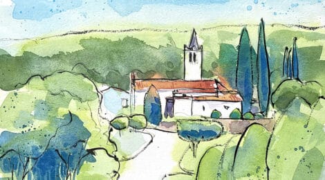 Aquarel·la amb una vista de l'església de Sant Llorenç de Gaserans.