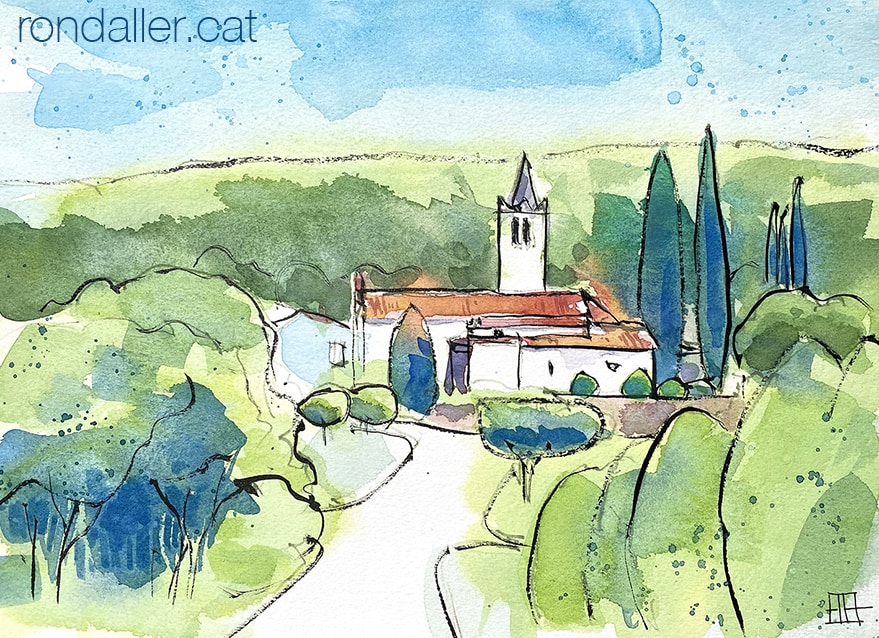 Aquarel·la amb una vista de l'església de Sant Llorenç de Gaserans.