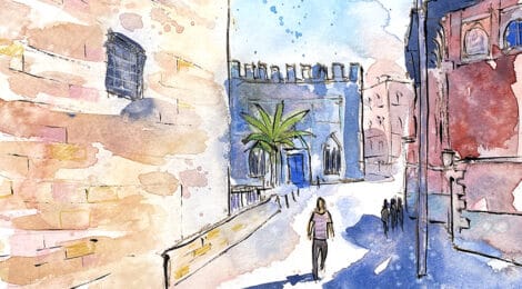 Aquarel·la del barri antic de València amb la Llotja de la Seda.