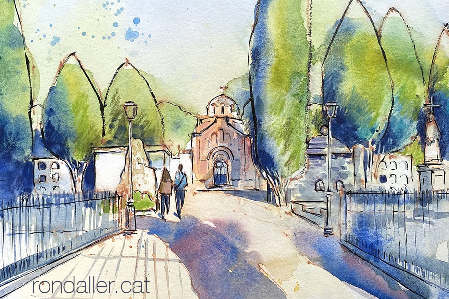 Aquarel·la amb una vista del cementiri de Cabrera de Mar.