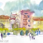 Aquarel·la amb una vista de la plaça de les Eres de Taradell.