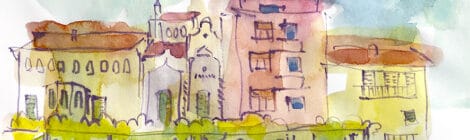 Aquarel·la amb una vista de la plaça de les Eres de Taradell.