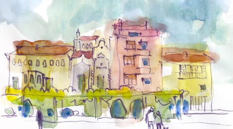 Aquarel·la amb una vista de la plaça de les Eres de Taradell.