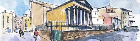 Aquarel·la amb una vista del temple romà de Vic.