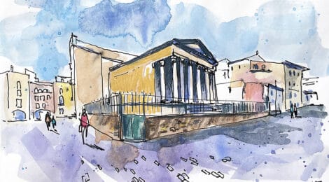 Aquarel·la amb una vista del temple romà de Vic.