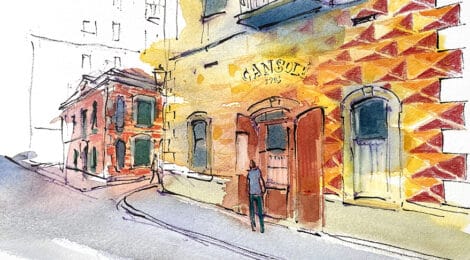 Aquarel·la amb una vista del restaurant Can Solé de la Barceloneta.