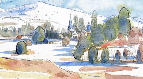 Aquarel·la amb una panoràmica del conjunt a l'hivern.