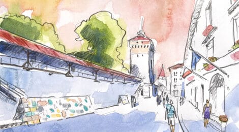 Aquarel·la amb una vista de porta de Sant Florià de Cracòvia.